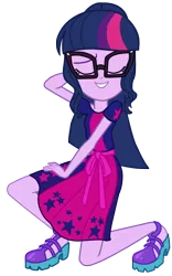 Size: 2840x4560 | Tagged: safe, artist:kuco, derpibooru import, sci-twi, twilight sparkle, equestria girls, equestria girls series, i'm on a yacht, spoiler:eqg series (season 2), absurd resolution, clothes, dress, eyes closed, female, glasses, legs, ponytail, shoes, simple background, skirt, smiling, solo, transparent background, vector