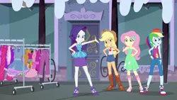 Size: 1920x1080 | Tagged: safe, derpibooru import, screencap, applejack, fluttershy, rainbow dash, rarity, equestria girls, equestria girls series, street chic, spoiler:eqg series (season 2), bare shoulders, clothes, converse, dress, geode of fauna, geode of shielding, geode of super speed, geode of super strength, magical geodes, shoes, sleeveless, sneakers, snow, strapless, tanktop, this will not end well