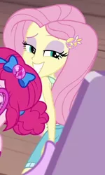 Size: 492x819 | Tagged: safe, derpibooru import, screencap, fluttershy, pinkie pie, sci-twi, twilight sparkle, equestria girls, equestria girls series, i'm on a yacht, spoiler:eqg series (season 2), alternate hairstyle, clothes, cropped, cute, eyeshadow, female, geode of fauna, geode of sugar bombs, lidded eyes, magical geodes, makeup, seductive look, selfie, she knows, shorts, shyabetes, solo focus, they know