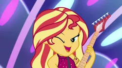 Size: 1920x1080 | Tagged: safe, derpibooru import, screencap, sunset shimmer, equestria girls, equestria girls series, spring breakdown, spoiler:eqg series (season 2), all good (song), armlet, clothes, cute, dress, female, guitar, musical instrument, one eye closed, open mouth, sexy, shimmerbetes, singing, sleeveless, solo, wink