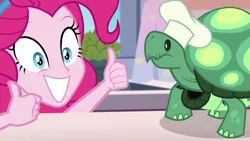 Size: 1920x1080 | Tagged: safe, derpibooru import, screencap, pinkie pie, tank, equestria girls, equestria girls series, the craft of cookies, spoiler:eqg series (season 2), chef's hat, hat, smiling, thumbs up