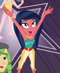Size: 700x848 | Tagged: safe, derpibooru import, screencap, desert sage, sandalwood, technicolor waves, equestria girls, equestria girls series, spring breakdown, spoiler:eqg series (season 2), animated, background human, bare shoulders, barefoot, bracelet, bustier, cheering, cropped, dancing, excited, feet, female, gif, jewelry, necklace, open mouth, sleeveless, smiling, strapless, tube top