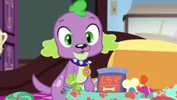 Size: 1280x720 | Tagged: safe, derpibooru import, screencap, spike, spike the regular dog, dog, equestria girls, equestria girls series, reboxing with spike!, spoiler:eqg series (season 2), fabulous fido's faberge flying disk, male, paws, sci-twi's room, solo, spike's dog collar