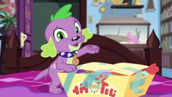 Size: 1280x720 | Tagged: safe, derpibooru import, screencap, spike, spike the regular dog, dog, equestria girls, equestria girls series, reboxing with spike!, spoiler:eqg series (season 2), male, paw pads, paws, sci-twi's room, solo, spike's dog collar, underpaw