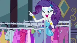 Size: 1920x1080 | Tagged: safe, derpibooru import, screencap, rarity, equestria girls, equestria girls series, street chic, spoiler:eqg series (season 2), adorasexy, clothes rack, cute, female, geode of shielding, huggable, looking at you, magical geodes, open mouth, sexy, smiling, solo