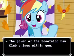 Size: 1299x975 | Tagged: safe, derpibooru import, edit, edited screencap, screencap, rainbow dash, scootaloo, pegasus, pony, the washouts (episode), caption, clubhouse, crusaders clubhouse, decoration, deltarune, dialogue box, female, image macro, lancer (deltarune), mare, meme, poster, scootaloo fanclub, smiling, solo, text