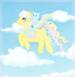 Size: 885x903 | Tagged: safe, artist:reachfarhigh, derpibooru import, ringlet (g1 rainbow curl), pegasus, pony, bow, care bears, cloud, crossover, flying, g1, rainbow curl pony, tail bow, wish bear