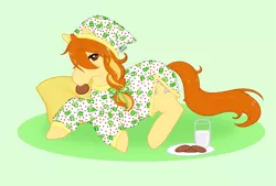 Size: 1089x734 | Tagged: artist:reachfarhigh, clothes, cookie, derpibooru import, food, g1, lying down, milk, milk and cookies, pajamas, rosette (g1), safe, solo