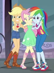 Size: 578x784 | Tagged: safe, derpibooru import, screencap, applejack, fluttershy, rainbow dash, equestria girls, equestria girls series, street chic, spoiler:eqg series (season 2), applejack's hat, arms, bare shoulders, boots, clothes, cold, converse, cowboy boots, cowboy hat, cropped, dress, female, fluttercold, freckles, freezing, geode of fauna, geode of super speed, geode of super strength, hat, legs, magical geodes, pants, sexy, shivering, shoes, shorts, skirt, sleeveless, sneakers, stetson, strapless