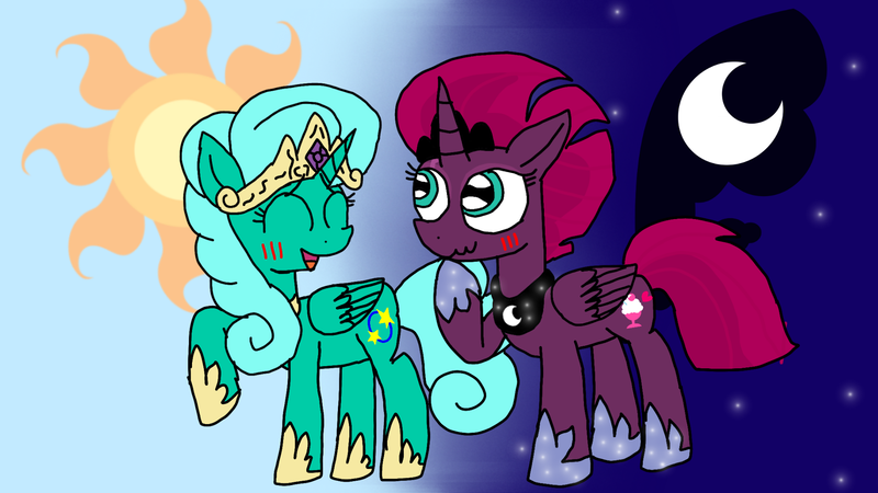 Size: 1920x1080 | Tagged: safe, artist:徐詩珮, derpibooru import, fizzlepop berrytwist, glitter drops, princess celestia, princess luna, tempest shadow, alicorn, pony, alicornified, celestia's crown, crown, cutie mark, duo, female, glittercorn, glittershadow, implied princess celestia, implied princess luna, jewelry, lesbian, luna's crown, mare, night, princess celestia's cutie mark, princess luna's cutie mark, race swap, regalia, royal sisters, shipping, tempesticorn