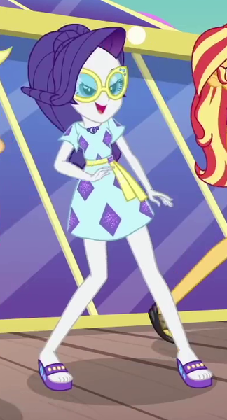 Size: 391x725 | Tagged: safe, derpibooru import, screencap, rarity, sunset shimmer, equestria girls, equestria girls series, i'm on a yacht, spoiler:eqg series (season 2), clothes, cropped, dress, feet, female, glasses, legs, offscreen character, open-toed shoes, sandals, skirt, sunglasses