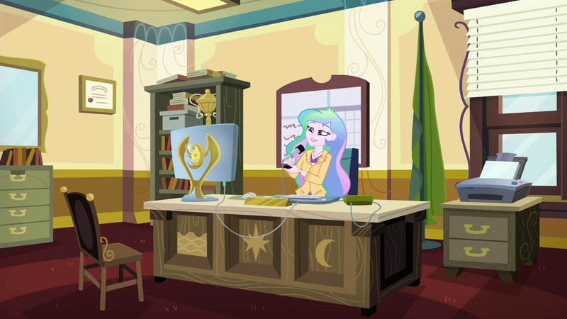 Size: 1920x1080 | Tagged: safe, derpibooru import, screencap, princess celestia, equestria girls, equestria girls series, schedule swap, spoiler:eqg series (season 2), banner, blinds, book, bookshelf, box, canterlot high, celestia's office, chair, clothes, computer, computer mouse, computer screen, cutie mark, desk, diploma, female, flag, flag pole, floor, furniture, happy, holding, indoors, jacket, keyboard, lidded eyes, microphone, moon, office, principal celestia, printer, roof, screen, shelf, shirt, sitting, smiling, solo, speakers, stars, sun, trophy, wall, wall of tags, whiteboard, window, woman