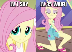 Size: 1008x720 | Tagged: safe, derpibooru import, fluttershy, equestria girls, equestria girls (movie), equestria girls series, i'm on a yacht, spoiler:eqg series (season 2), blouse, caption, clothes, cute, eyes closed, eyeshadow, feet, female, frown, geode of fauna, grin, image macro, kneeling, legs, looking at you, mafia city, magical geodes, makeup, meme, pose, sandals, shorts, shy, shyabetes, smiling, solo, tanktop, text, that's how mafia works, waifu