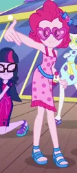 Size: 484x1076 | Tagged: safe, derpibooru import, screencap, pinkie pie, rarity, sci-twi, twilight sparkle, equestria girls, equestria girls series, i'm on a yacht, spoiler:eqg series (season 2), cropped, female, geode of sugar bombs, glasses, heart shaped glasses, legs, magical geodes, open-toed shoes, sleeveless, sunglasses, swag