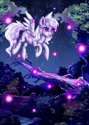 Size: 1417x2000 | Tagged: safe, artist:erim-kawamori, derpibooru import, oc, oc:starstorm slumber, unofficial characters only, firefly (insect), insect, pegasus, pony, female, mare, night, open mouth, outdoors, smiling, solo, spread wings, three quarter view, tree, wings