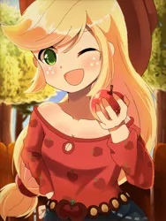 Size: 768x1024 | Tagged: safe, artist:erufi, derpibooru import, applejack, equestria girls, legend of everfree, anime, apple, applejack's hat, blushing, camp everfree outfits, clothes, cowboy hat, cute, female, food, freckles, hat, jackabetes, one eye closed, open mouth, solo, wink