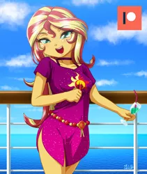 Size: 844x1000 | Tagged: safe, artist:uotapo, derpibooru import, sunset shimmer, equestria girls, equestria girls series, spring breakdown, spoiler:eqg series (season 2), beverage, blushing, choker, clothes, cloud, cruise ship, cute, cutie mark, cutie mark on clothes, dress, drink, female, geode of empathy, glass, jewelry, looking at you, magical geodes, necklace, ocean, open mouth, patreon, patreon logo, shimmerbetes, sky, solo, straw, water