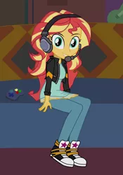 Size: 2800x4000 | Tagged: safe, artist:tabrony23, derpibooru import, sunset shimmer, equestria girls, equestria girls series, game stream, spoiler:eqg series (season 2), clothes, controller, converse, couch, cute, headphones, jacket, looking at you, pants, shoes, sitting, smiling, sneakers, solo, sunset gamer