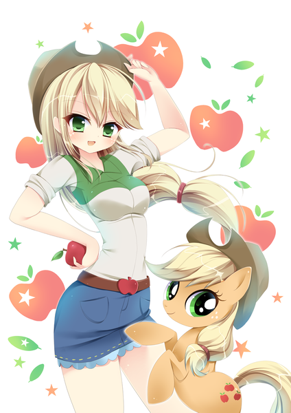 Size: 992x1403 | Tagged: safe, artist:スピカ, derpibooru import, applejack, earth pony, human, pony, equestria girls, anime, apple, applejack's hat, belt, blushing, clothes, cowboy hat, cute, denim skirt, female, food, freckles, hand on hip, hat, humanized, jackabetes, looking at you, mare, miniskirt, moe, open mouth, shirt, skirt, smiling, stetson