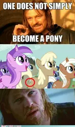 Size: 500x848 | Tagged: safe, derpibooru import, edit, edited screencap, screencap, amethyst star, doctor whooves, mjölna, silver spanner, time turner, earth pony, human, pony, unicorn, background pony, boromir, circled, female, lord of the rings, male, mare, thor