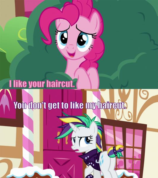 Size: 1600x1800 | Tagged: safe, derpibooru import, edit, edited screencap, editor:scrounge, screencap, pinkie pie, rarity, pony, it isn't the mane thing about you, secrets and pies, alternate hairstyle, caption, image macro, punk, raripunk, spider-man: into the spider-verse, text