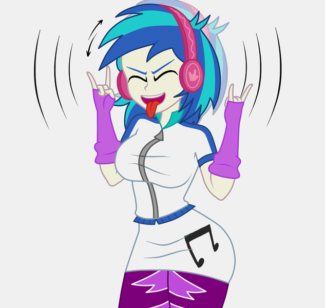 Size: 1900x1800 | Tagged: dead source, safe, artist:mashoart, derpibooru import, vinyl scratch, equestria girls, clothes, devil horn (gesture), eyes closed, headphones, open mouth, simple background, solo, tongue out, white background
