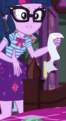 Size: 521x948 | Tagged: safe, derpibooru import, screencap, sci-twi, twilight sparkle, equestria girls, equestria girls series, reboxing with spike!, spoiler:eqg series (season 2), angry, bed, bedroom, bill, cropped, geode of telekinesis, magical geodes, solo