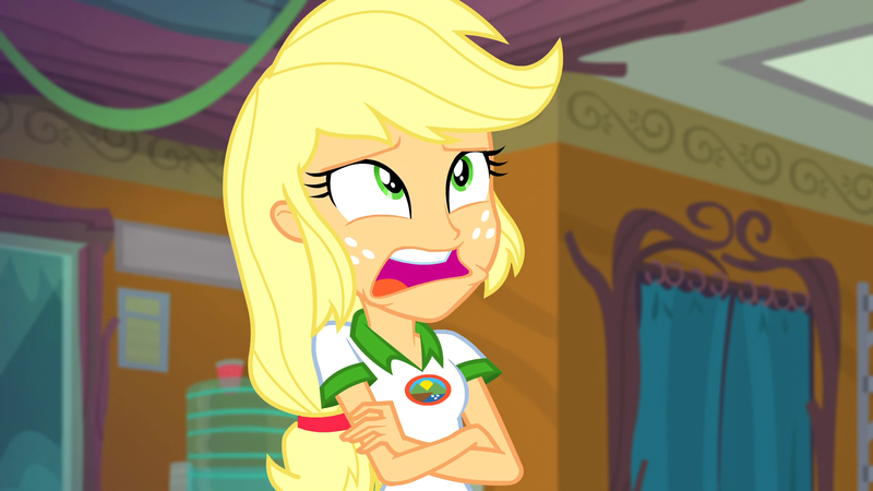 Size: 1920x1080 | Tagged: safe, derpibooru import, screencap, applejack, equestria girls, legend of everfree, legend of everfree - bloopers, blooper, faic, silly, silly human, solo, who's a silly human
