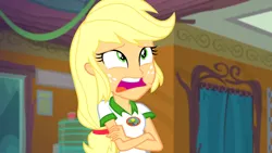 Size: 1920x1080 | Tagged: safe, derpibooru import, screencap, applejack, equestria girls, legend of everfree, legend of everfree - bloopers, blooper, faic, silly, silly human, solo, who's a silly human
