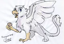 Size: 1234x855 | Tagged: safe, artist:crunchycrowe, derpibooru import, oc, oc:der, unofficial characters only, gryphon, chocolate chip cookies, cookie, food, male, solo, that griffon sure "der"s love cookies, traditional art, watercolor painting