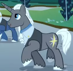 Size: 408x400 | Tagged: safe, derpibooru import, screencap, south pole (character), pony, unicorn, the best night ever, at the gala, background pony, clothes, cropped, male, raised hoof, solo focus, stallion, vest