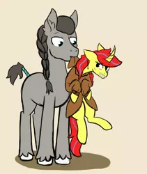 Size: 1081x1281 | Tagged: safe, artist:dyonys, derpibooru import, oc, oc:chain steel (bill), oc:maya yamato, unofficial characters only, earth pony, pony, unicorn, behaving like a cat, blushing, braid, clothes, curved horn, female, height difference, horn, male, mare, mouth hold, scruff, simple background, stallion