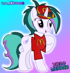 Size: 2800x2890 | Tagged: artist needed, safe, derpibooru import, oc, oc:galaxystar, unofficial characters only, pony, unicorn, female, mare, mcdonald's, pointing at self, solo