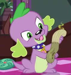 Size: 597x630 | Tagged: safe, derpibooru import, screencap, spike, spike the regular dog, dog, equestria girls, equestria girls series, reboxing with spike!, spoiler:eqg series (season 2), collar, cropped, dirty sock, fabulous fido's faberge flying disk, male, paws, sci-twi's room, smelly, smiling, solo, spike's dog collar, tail