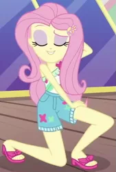 Size: 373x553 | Tagged: safe, derpibooru import, screencap, fluttershy, equestria girls, equestria girls series, i'm on a yacht, spoiler:eqg series (season 2), adorasexy, cropped, cute, eyes closed, eyeshadow, feet, geode of fauna, legs, magical geodes, makeup, pose, sandals, sexy, shyabetes, toes