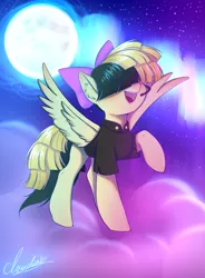 Size: 1890x2563 | Tagged: artist:夏米, bow, clothes, cloud, derpibooru import, female, full moon, hair bow, headworn microphone, mare, moon, my little pony: the movie, on a cloud, raised hoof, safe, solo, songbird serenade