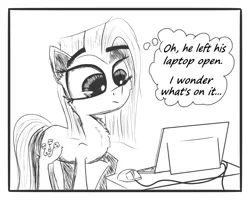 Size: 1250x1000 | Tagged: safe, artist:chopsticks, derpibooru import, pinkie pie, oc, earth pony, pony, comic:wtb is this?, alternate cutie mark, canon x oc, comic, computer, computer mouse, female, laptop computer, link in description, monochrome, pinkamena diane pie, sketch, solo, text, this will end in death, this will end in tears, this will end in tears and/or death, thought bubble