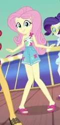 Size: 326x682 | Tagged: safe, derpibooru import, screencap, fluttershy, rarity, sunset shimmer, equestria girls, equestria girls series, spoiler:eqg series (season 2), clothes, cropped, feet, female, geode of fauna, legs, magical geodes, offscreen character, open-toed shoes, sandals, shorts, smiling