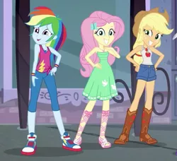 Size: 566x517 | Tagged: safe, derpibooru import, screencap, applejack, fluttershy, rainbow dash, equestria girls, equestria girls series, street chic, spoiler:eqg series (season 2), applejack's hat, bare shoulders, boots, clothes, converse, cowboy hat, dress, feet, female, geode of fauna, geode of super speed, geode of super strength, hat, legs, magical geodes, mirrored, sandals, sexy, shoes, sleeveless, sneakers, strapless, tanktop, trio, trio female