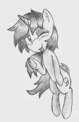 Size: 791x1232 | Tagged: safe, artist:spackle, derpibooru import, oc, oc:seafood dinner, unofficial characters only, pony, unicorn, bipedal, blushing, cute, female, frog (hoof), mare, monochrome, ocbetes, one eye closed, tongue out, traditional art, underhoof, windswept mane, wink