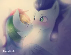 Size: 1024x795 | Tagged: safe, artist:nicohoshi, derpibooru import, rainbow dash, soarin', pony, blushing, boop, cute, dashabetes, female, kissing, male, noseboop, shipping, soarinbetes, soarindash, straight