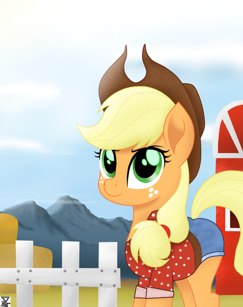 Size: 2300x2900 | Tagged: safe, artist:theretroart88, derpibooru import, applejack, earth pony, pony, equestria girls, equestria girls series, five to nine, applejack's hat, barn, clothes, cowboy hat, cute, equestria girls outfit, female, fence, freckles, hat, jackabetes, looking at you, mare, mountain, movie accurate, shirt, shorts, smiling, solo