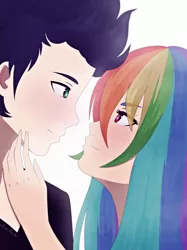 Size: 2995x4000 | Tagged: safe, artist:nicohoshi, derpibooru import, rainbow dash, soarin', human, anime, blushing, female, humanized, looking at each other, male, shipping, simple background, smiling, soarindash, straight, white background