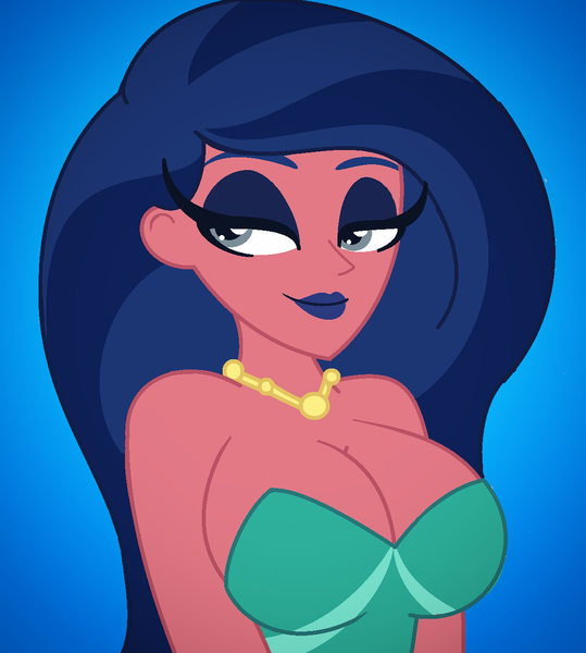 Size: 1153x1283 | Tagged: suggestive, artist:cbear624, derpibooru import, desert sage, equestria girls, equestria girls series, spring breakdown, spoiler:eqg series (season 2), background human, bedroom eyes, big breasts, blue eyeshadow, blue lipstick, breasts, bustier, busty desert sage, cleavage, eyeshadow, female, jewelry, lipstick, makeup, necklace, sexy, solo, strapless, stupid sexy desert sage, tube top