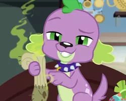 Size: 894x720 | Tagged: safe, derpibooru import, screencap, spike, spike the regular dog, dog, equestria girls, equestria girls series, reboxing with spike!, spoiler:eqg series (season 2), collar, cropped, dirty sock, looking at you, male, paws, sci-twi's room, smelly, smiling, tail