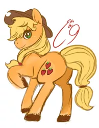 Size: 1551x2001 | Tagged: safe, artist:yamikaisu, derpibooru import, applejack, earth pony, pony, applejack's hat, clothes, cowboy hat, cute, female, freckles, hat, looking at you, mare, raised hoof, signature, simple background, smiling, solo, white background