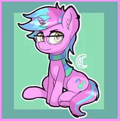 Size: 475x480 | Tagged: safe, artist:vintyri, derpibooru import, oc, oc:sour cherry, pony, unicorn, amber eyes, clothes, commission, cutie mark, ear fluff, frog (hoof), glasses, looking at you, male, multicolored hair, piercing, pink coat, scarf, simple background, sitting, solo, stallion, underhoof