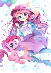 Size: 992x1403 | Tagged: safe, artist:スピカ, derpibooru import, pinkie pie, earth pony, human, pony, equestria girls, anime, balloon, boots, clothes, cute, diapinkes, female, human ponidox, humanized, looking at you, mare, moe, open mouth, pixiv, self ponidox, shirt, shoes, skirt, smiling, stars