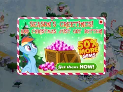 Size: 960x720 | Tagged: advertisement, christmas, derpibooru import, gameloft, hearth's warming eve, holiday, official, rainbow dash, rainbow dash is best facemaker, safe, wingless, you had one job