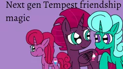 Size: 1920x1080 | Tagged: safe, artist:徐詩珮, derpibooru import, fizzlepop berrytwist, glitter drops, tempest shadow, oc, oc:betty pop, alicorn, pony, comic:next gen tempest friendship magic, my little pony: the movie, alicornified, family, female, glittershadow, lesbian, magical lesbian spawn, mare, mother and child, mother and daughter, next generation, offspring, parent:glitter drops, parent:tempest shadow, parents:glittershadow, purple background, race swap, shipping, simple background, tempesticorn